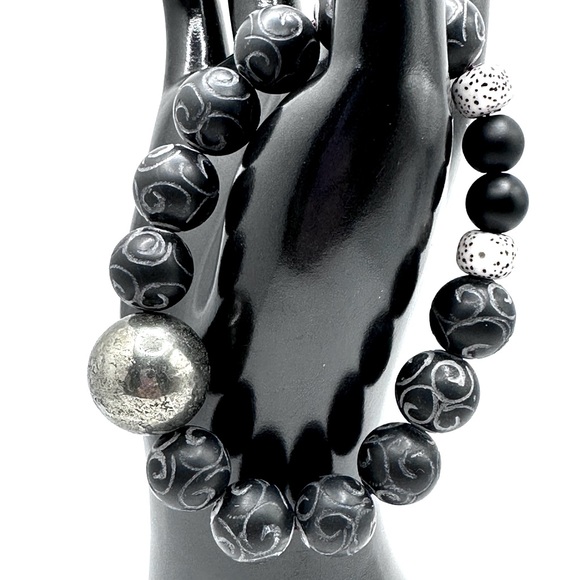 PYRITE + ONYX STONES NATURAL BRACELET size 8” - Picture 1 of 8